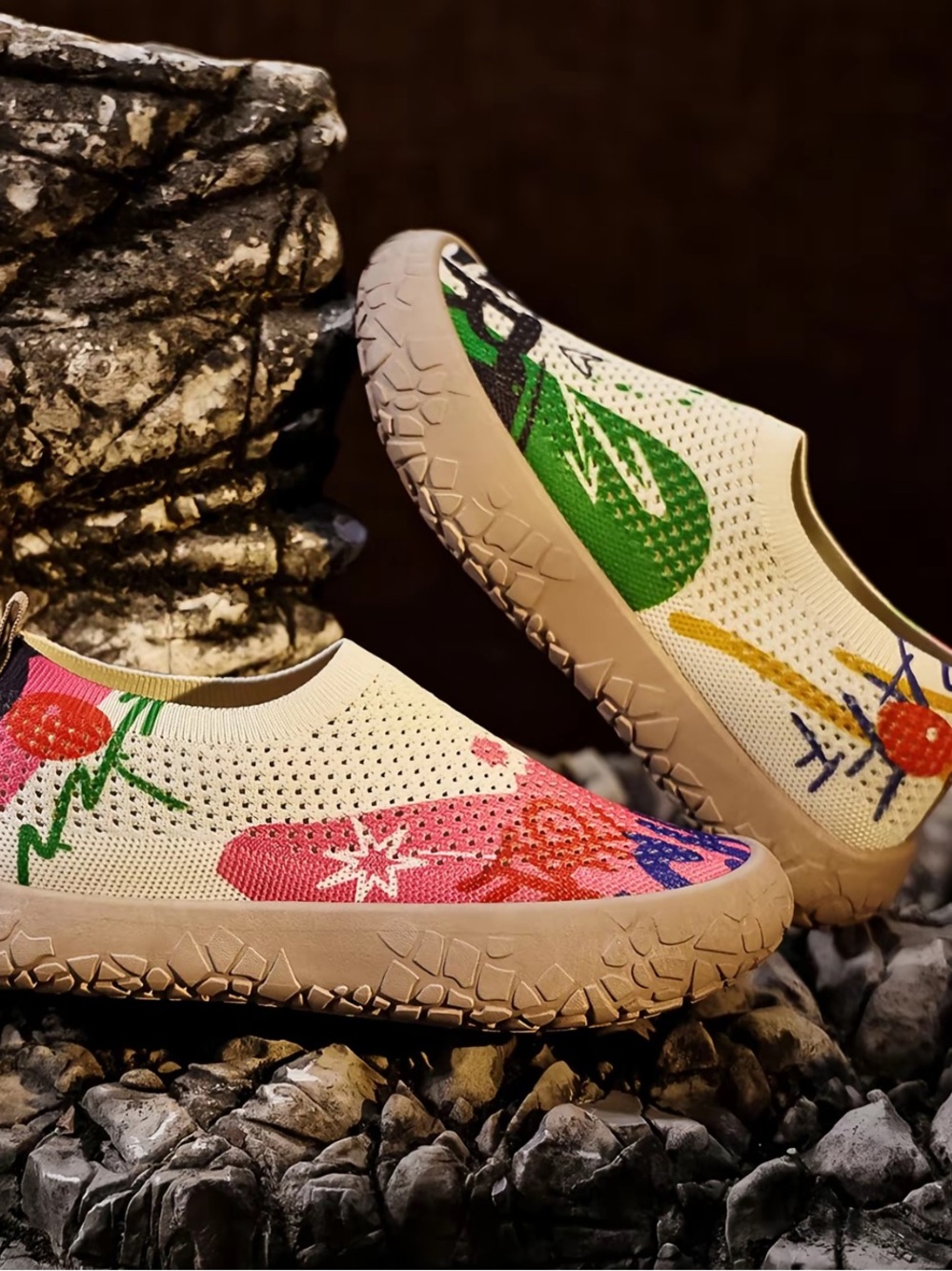 Women's Slip-On Knit Sneakers in Cream with Multicolor Floral Print